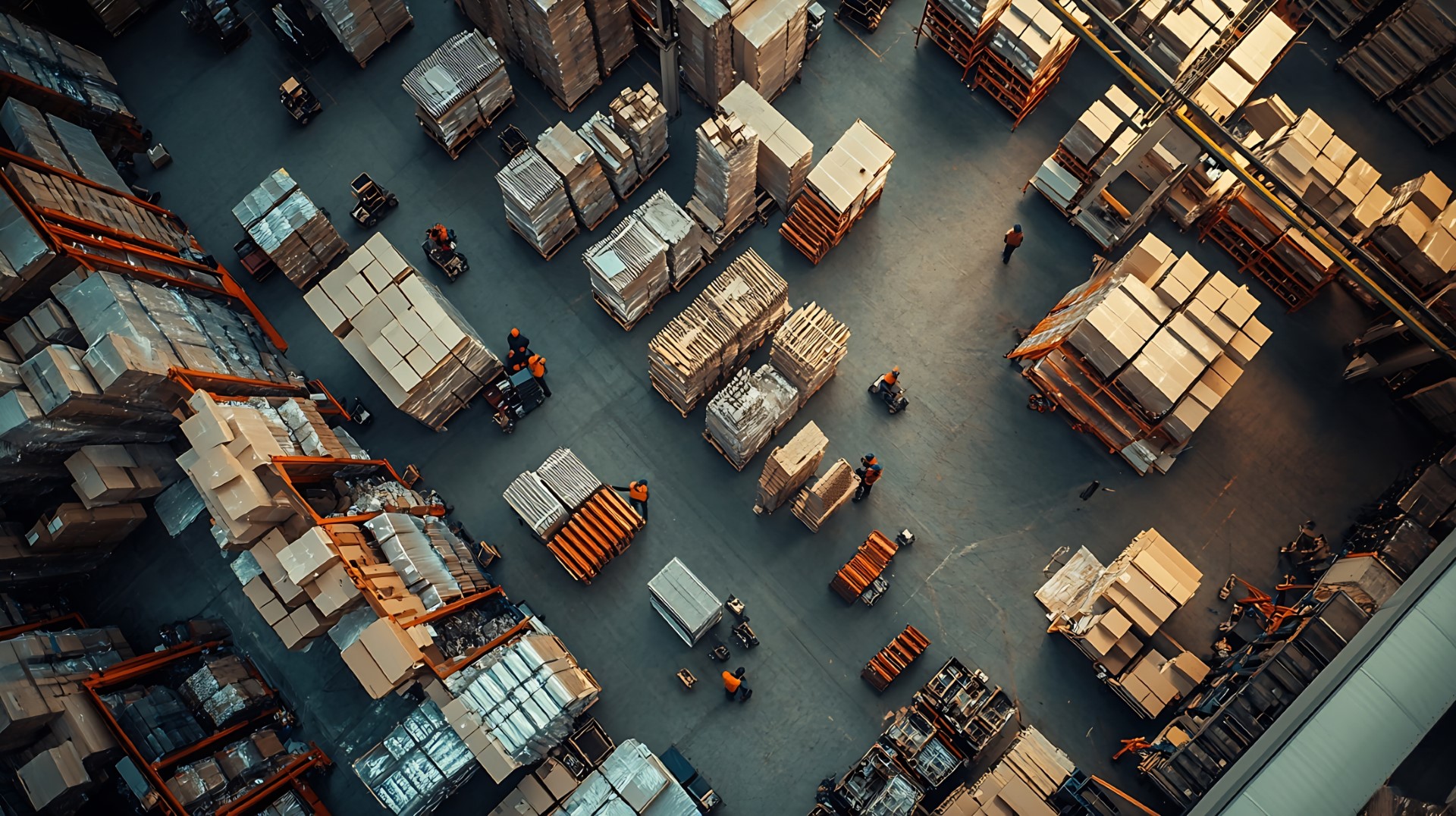 Top view of workers modern warehouse storage of retail shop large factory workshop space Employees in modern industrial factory with warehouse : Generative AI High Mountain Hardware Storage